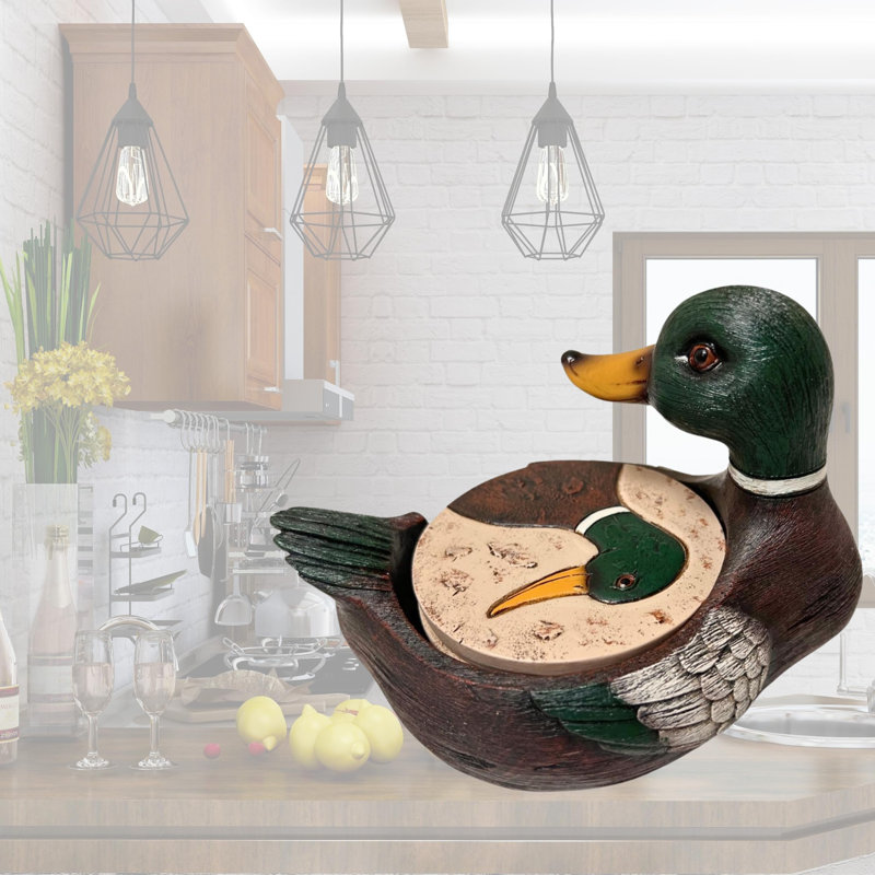Rustic Woodland Mallard Duck Polyresin Coaster Set with Decorative Holder