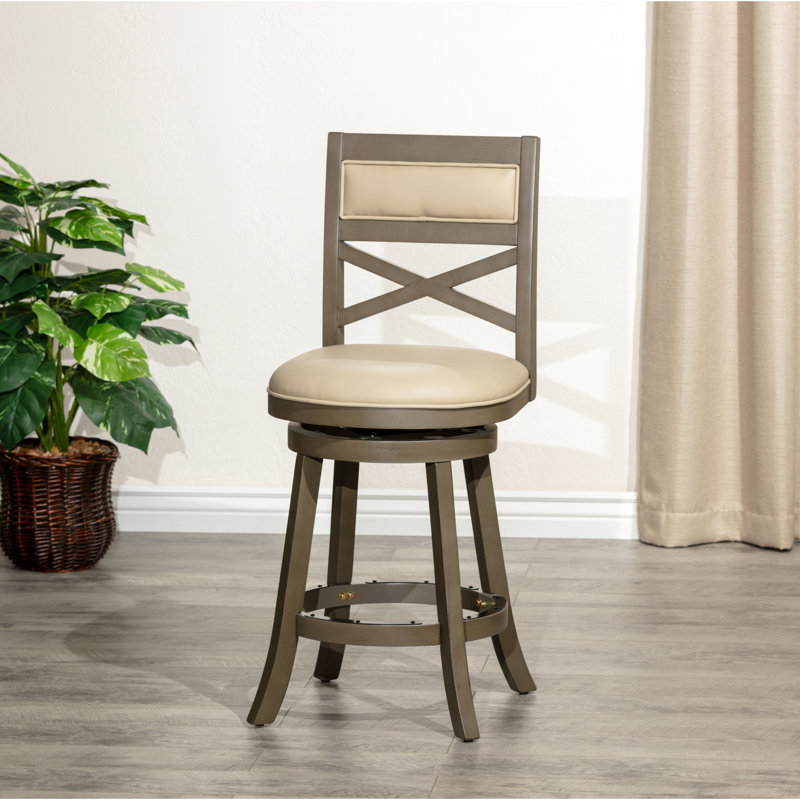 Tabouret pivotant à dossier en X de 24 po de hauteur avec comptoir en cuir gris français, finition gris vieilli pour plus de confort et de style