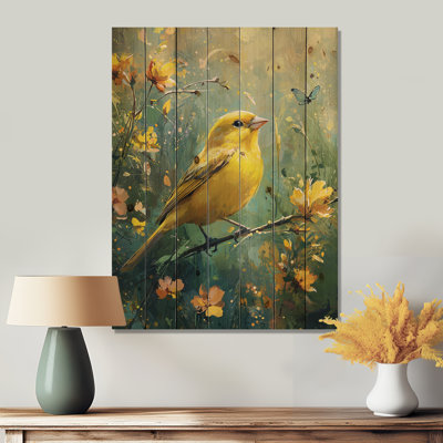 Golden Finch In The Meadow III - Décoration murale en bois d'oiseau - sur bois de pin naturel