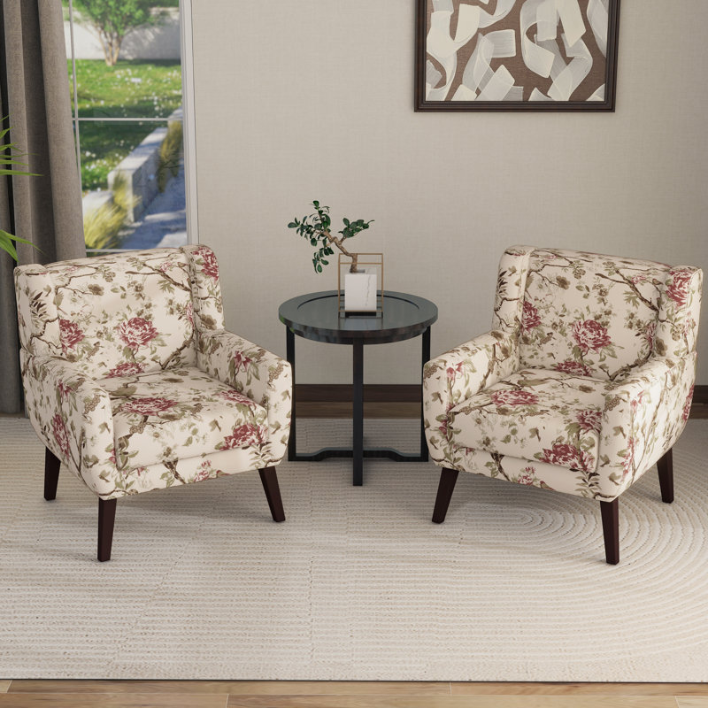 Stephanny 27.5" Wide Tufted Armchair with Solid Wood Legs, Beige/Gray/Pink Peony Linen Blend