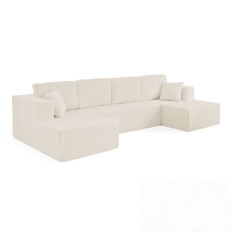 U shape Corduroy Modular Sectional Sofa with soft cushion, Beige