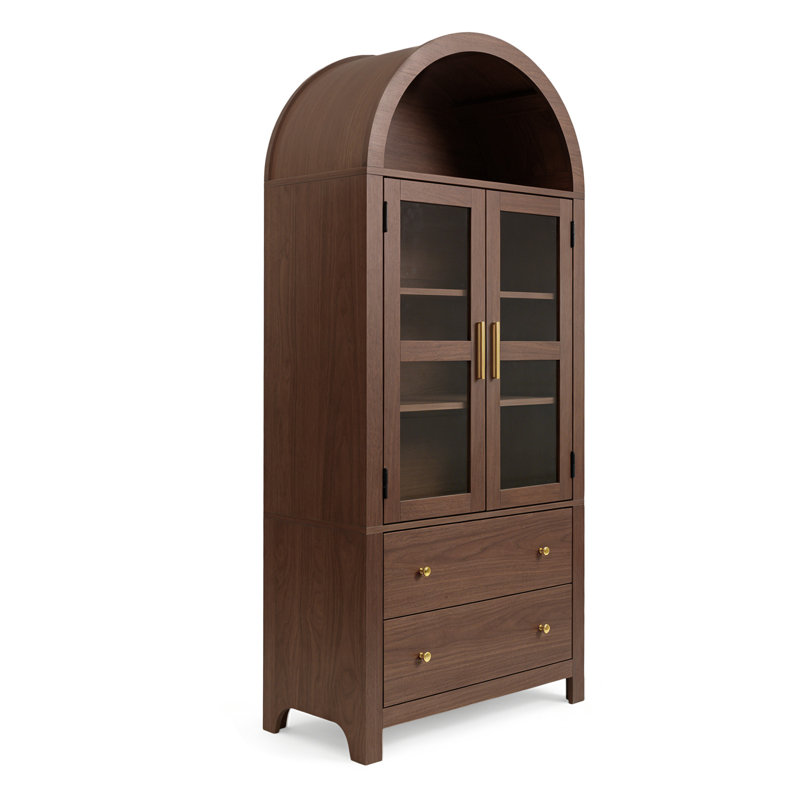 71" Tall Arched Cabinet, Modern Farmhouse Wood Storage Cabinets with 2 Large Drawers and Adjustable Shelves, Walnut