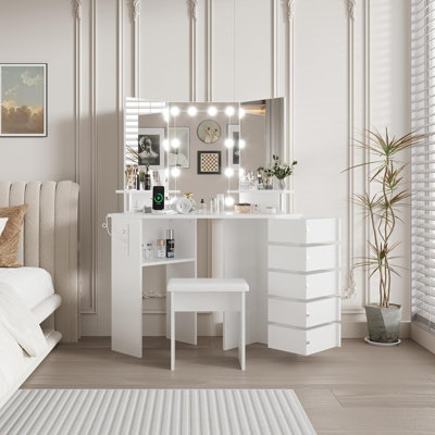 Corner Makeup Vanity with Lights - Adjustable LED Mirror, 5 Rotating Drawers & Power Outlet, Includes Stool