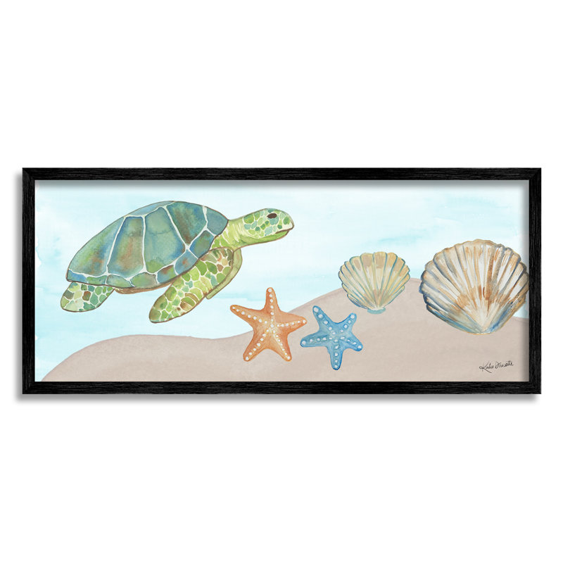 Tortue verte nageant sur une étoile de mer, Giclée encadrée noir minuit, H 10 po x l 24 po x P 1,5 po