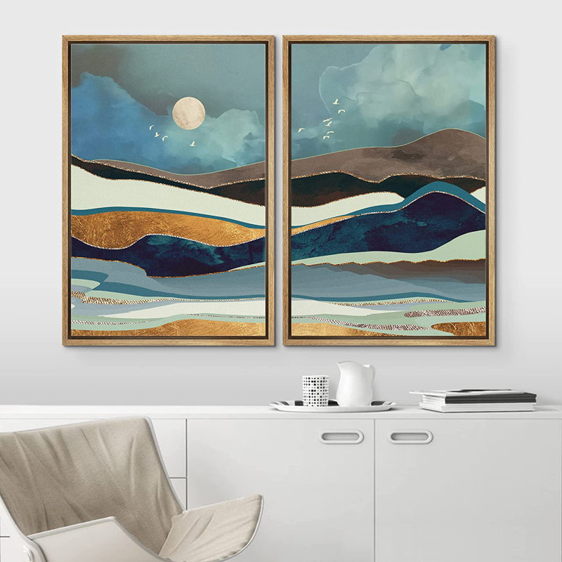 Sun Mountain Range " Pastel Blue Gold Mountain Range " 2 - Pieces, 24" H x 32" W x 1.5" D, Natural  Framed
