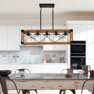 Luminaire suspendu 32 po en noyer industriel de style campagnard, lustre à 5 lumières avec abat-jour pour salle à manger, îlot de cuisine, décor de café (ampoules non incluses)