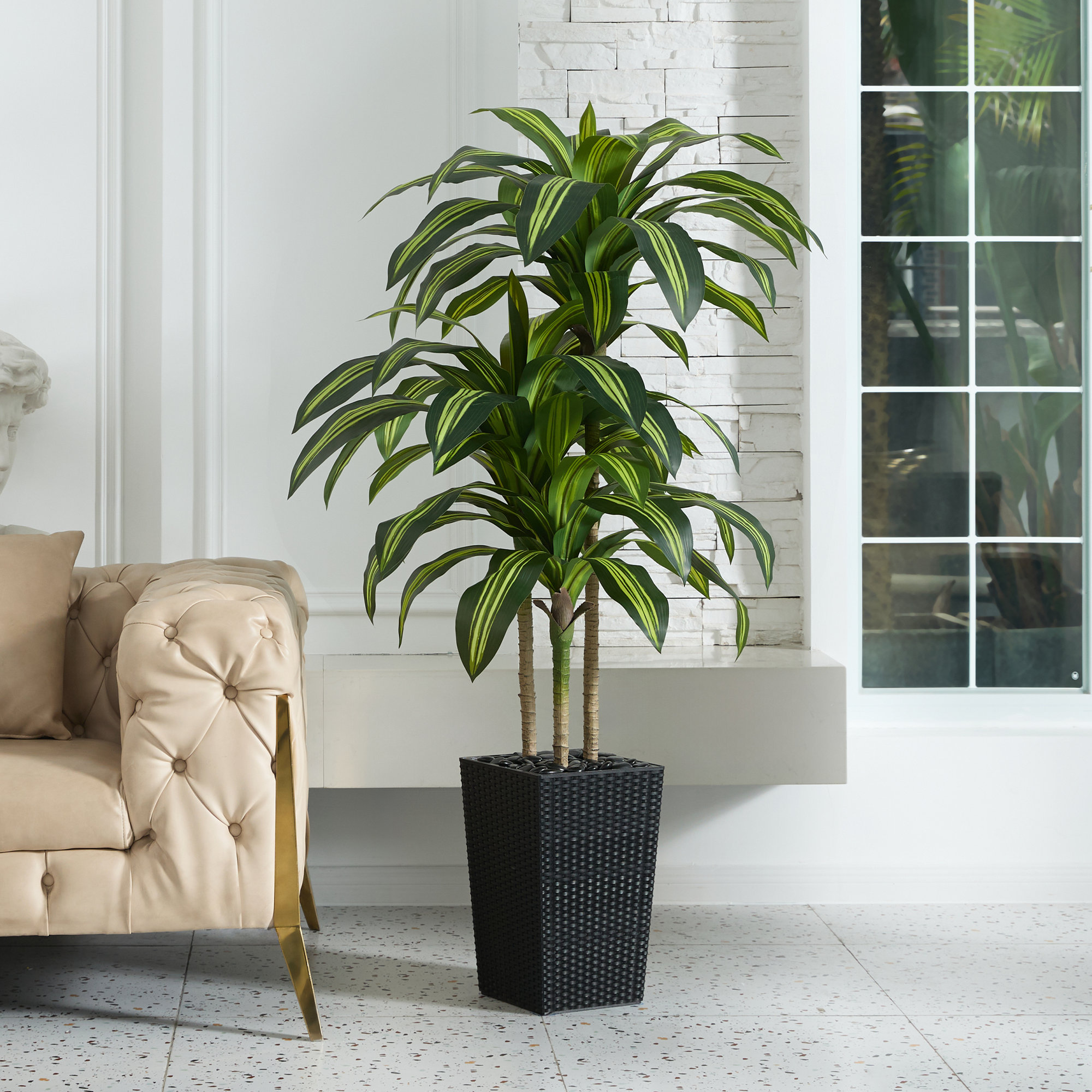 Almina UV Resistant Artificial Yellow Dracaena Tree, Faux Tree with Large Base for Indoor Outdoor, 60" H x 20" W x 20" D