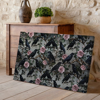 Canvas A Richly Textured Gothic Wallpaper Pattern Featuring Dark Elegant Ravens Wall Art Perched On Twisted Gnarled Branches Canvas Wall Art