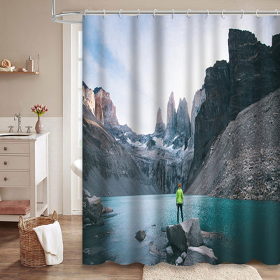 Andes Mountain Hiking Landscape Man Standing Shower Curtain with 12 Hooks