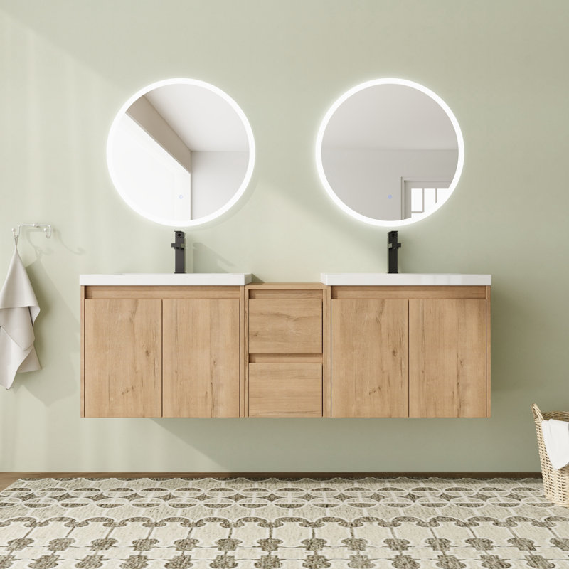Meuble-lavabo flottant mural 60 po avec plateau en résine et portes et tiroirs à fermeture en douceur 60 po
