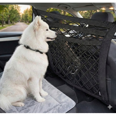 Barrière pour animaux de compagnie et organisateur de filet de sécurité automatique avec sac de rangement extensible, compatibilité universelle avec les voitures et les VUS, installation facile, favorise une conduite plus sécuritaire avec les animaux de compagnie et les enfants, filet à trois couches