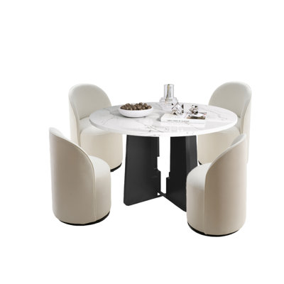 Chalamet 5-Piece Dining Set with Faux Marble Tabletop & Velvet Swivel