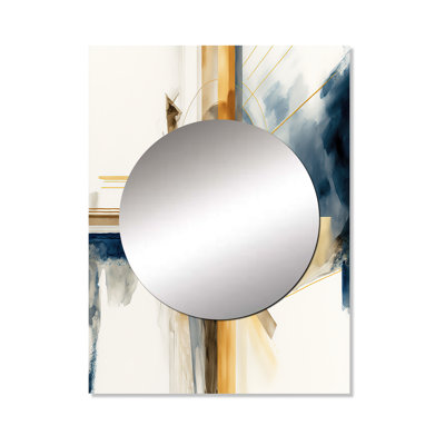 Acahela Modern Blue And Gold Abstract IV - Transitional Unique Wall Mirror Decor, Blue  Large Mirror, Printed Metal Art