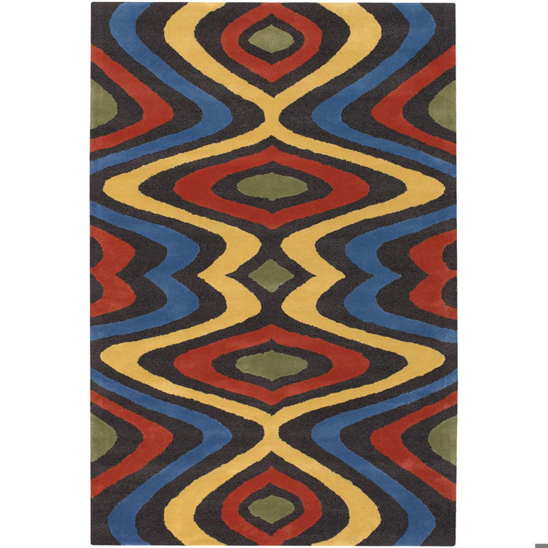 Tapis intérieur jaune, rouge, bleu, noir et vert touffeté à la main Stickel, Rectangulaire 2 pi x 3 pi