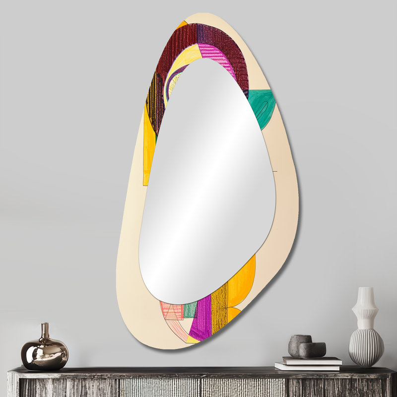 Formes organiques de couleurs rétro - grand miroir de forme irrégulière géométrique, décor de miroir mural unique asymétrique moderne, impression d'art en métal