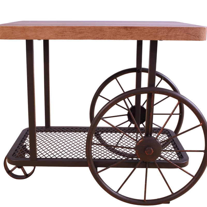 Industrial Rectangular End Table With Oak And Antique Grey Facade, Shelf, Wheels For Crafting Tasks Shelf Dining Multitasking