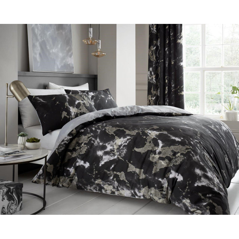 Marble Duvet Cover Set, Lightweight Polycotton Bedding with Matching Pillowcases, Black, King