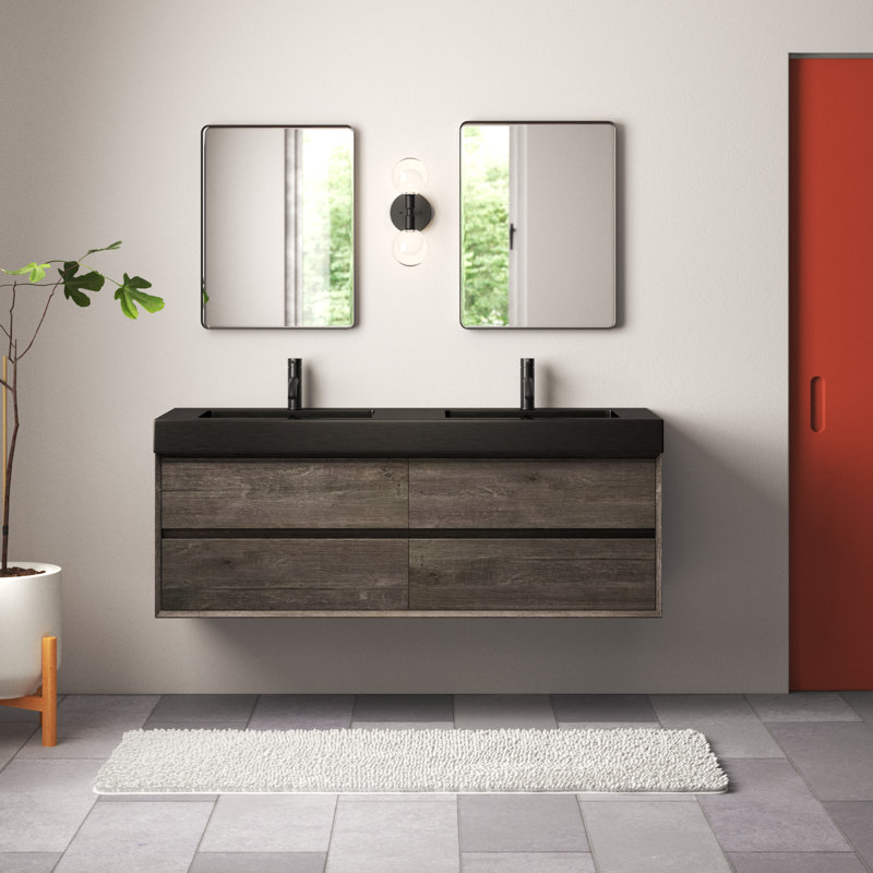 Golitz 59'' Double Bathroom Vanity with Stainless Steel Top, Oak