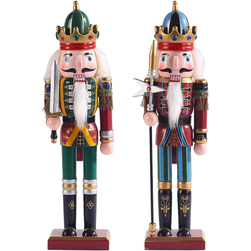 Figurines de Noël casse-noisette de Noël, ensemble de 2 très grand roi et soldat traditionnel en bois avec épée et lance, décorations de fêtes debout fabriquées à la main