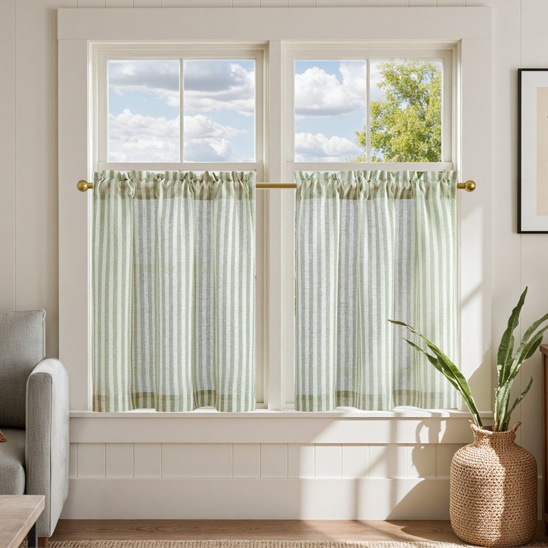 Linen Rod Pocket  Light Filtering Striped Kitchen Cafe Curtains Curtains, 26" W x 24" L, Green/Beige