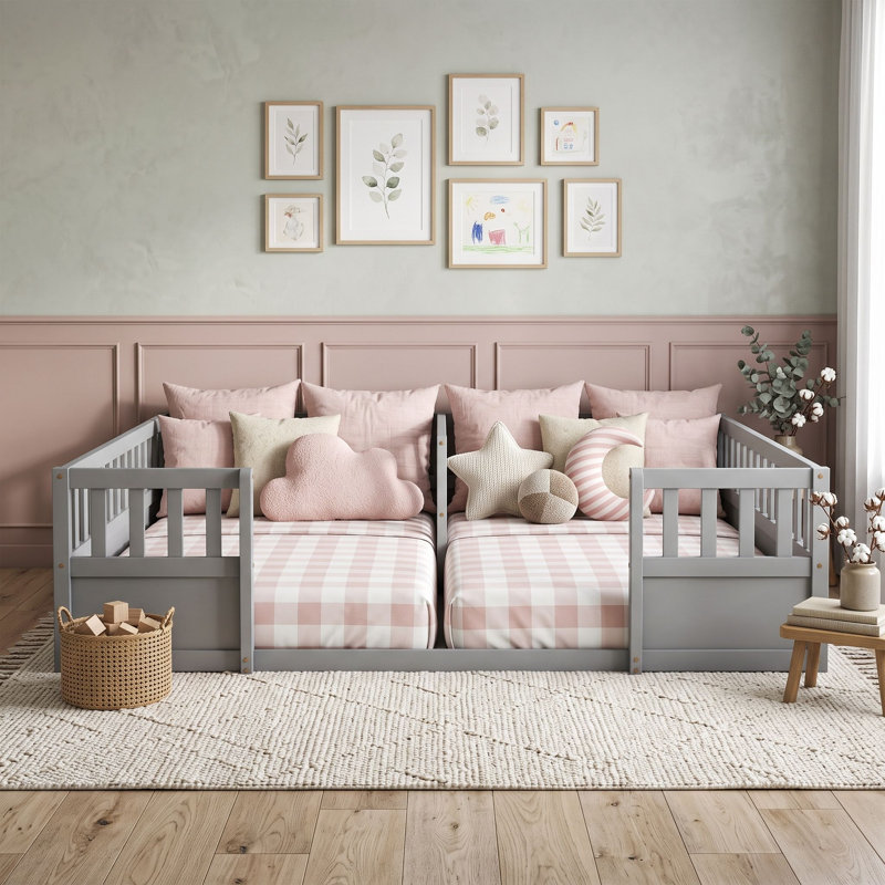 Lit double simple avec plancher en bois et barrières de sécurité, Gris