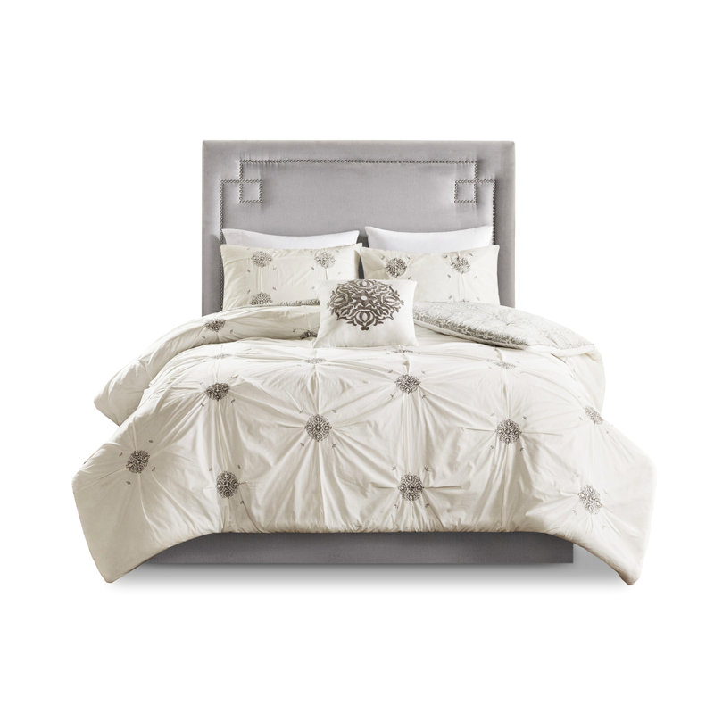 Housse de couette 4 pièces très grand / très grand, housse de couette en coton brodé, revers médaillon gris, housse de très grand lit, avec médaillon, literie réversible