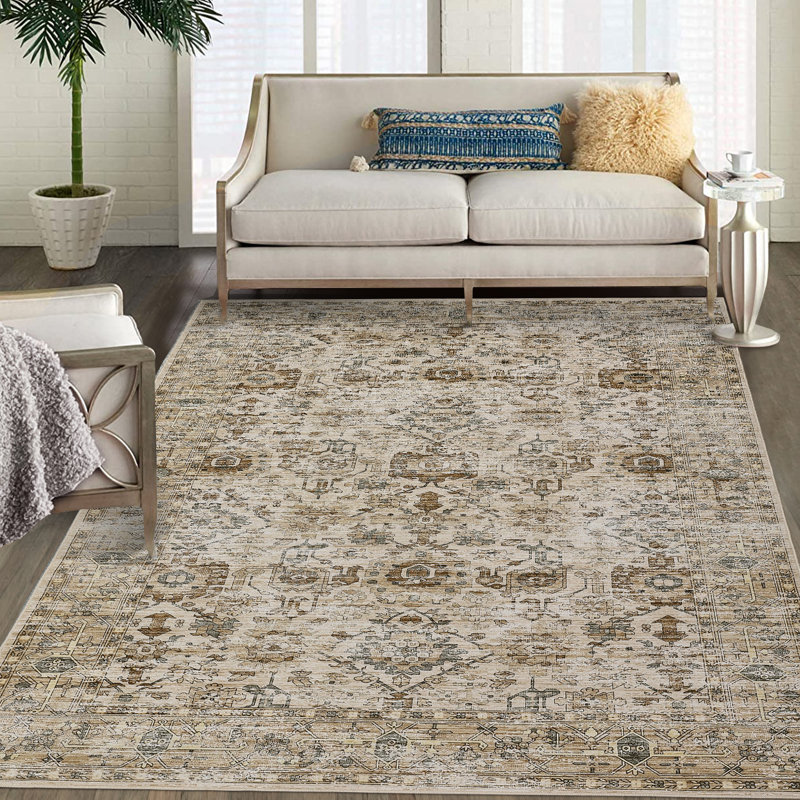 Washable Area Rug for Living Room Boho Vintage Rug Non Slip Throw Rugs Floral Bedroom Rug, Rectangle 8' x 10'