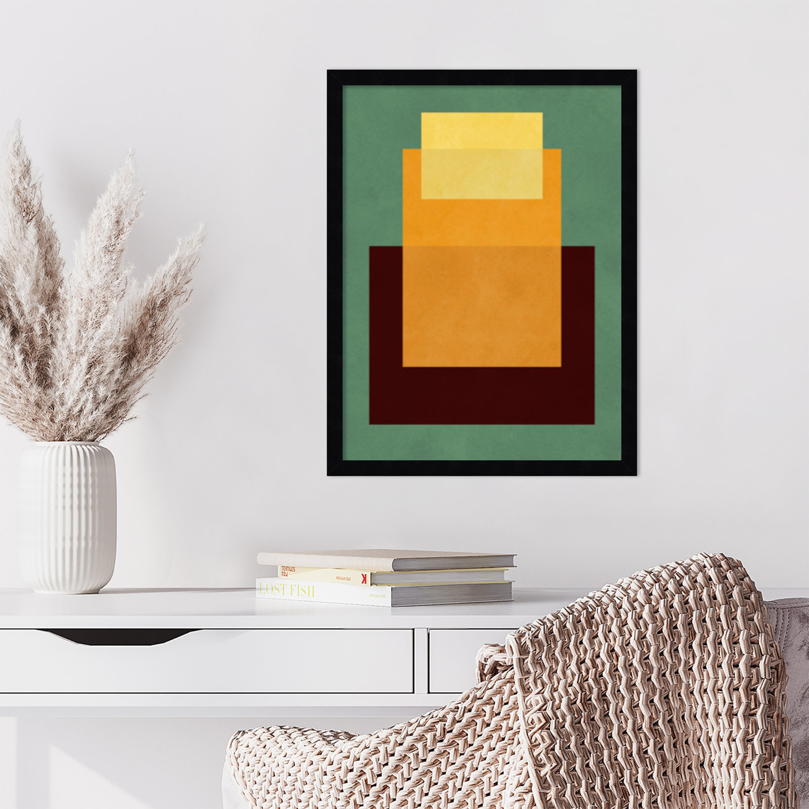 Overlapping Geometry 10 Print, Green/Orange, Black, 21" H x 16" W