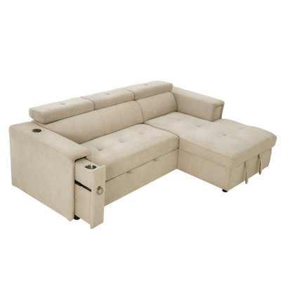 Canapé-lit modulaire en forme de L de 96 po avec repose-tête réglable, charge sans fil, porte-gobelets et rangement caché pour le salon, la chambre à coucher, le bureau, beige