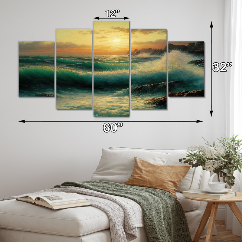 «Wild Ocean with Breaking Waves Golden Hour II», décoration murale 5 vagues