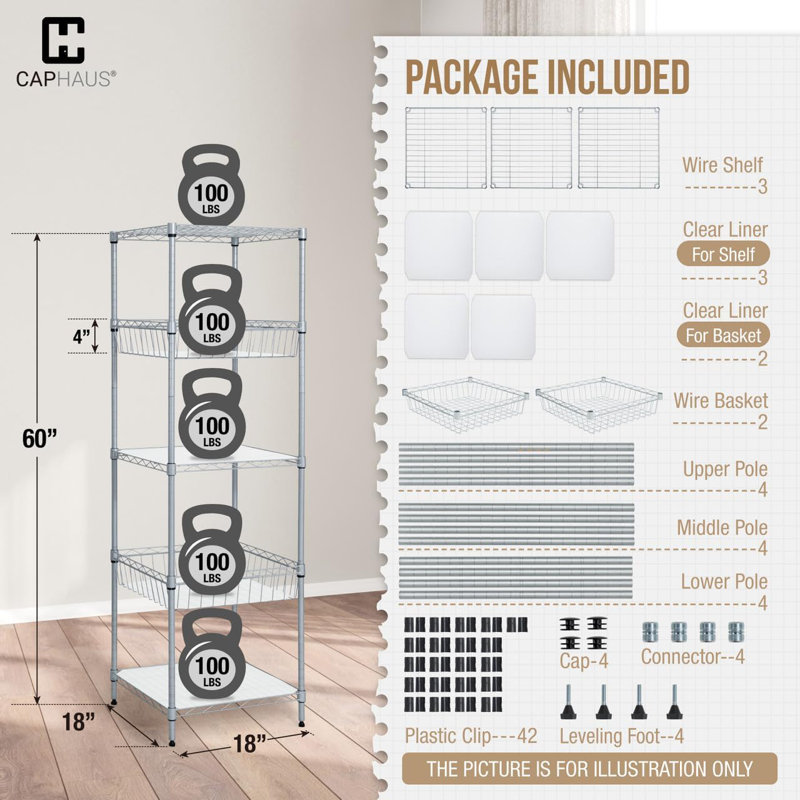 Rayonnage à hauteur réglable à 5 niveaux CAPHAUS NSF avec panier et doublure, noir et argent, Argent