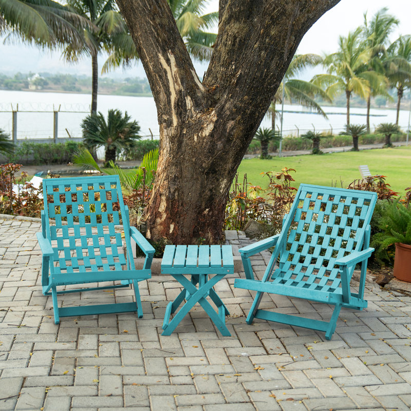 Pinecrest Fully Assembled All-Weather Outdoor Folding Lounge Chair and Table 3 Piece Set, Hawaiian Blue