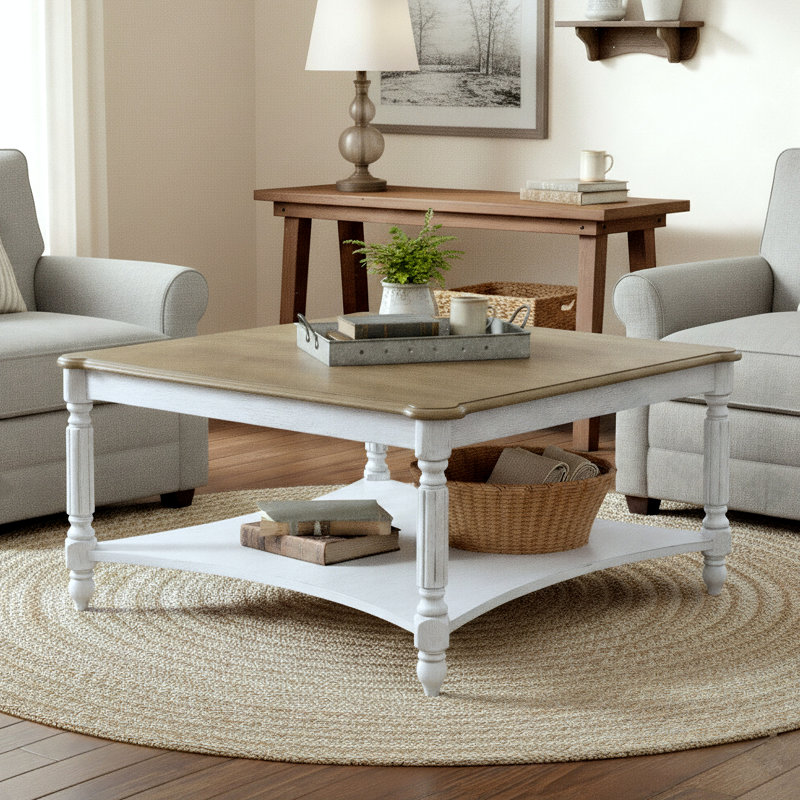 Locke Solid Wood Square Coffee Table, Antique Oak/Antique White