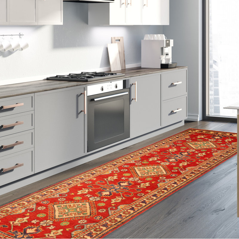 Tapis de couloir rouge en laine noué à la main de conception unique 2 pi 10 po x 10 pi 1 po Franciane