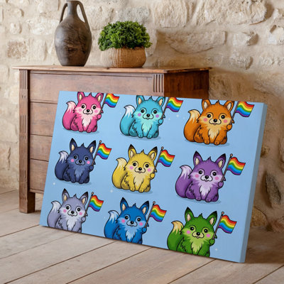 Canvas Create A Vibrant And Playful Illustration Featuring A Collection Of Wall Art Adorable Cartoon Style Fox Like Creatures Each Canvas Wall Art