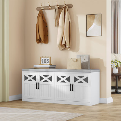 Banc de rangement à chaussures à 2 niveaux avec portes, banc à chaussures de ferme 47,2 po avec coussin rembourré, banc de bout de lit de 12 paires, banc d'entrée avec rangement pour chambre à coucher, salon, blanc
