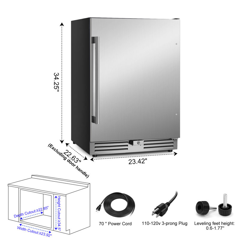 24-Inch Stainless Steel Beverage Refrigerator - Versatile Freestanding or Built-in Cooler with Reversible Foam Doors, Adjustable Glass Shelves, LED Lighting, Safety Lock and Two Included Handle Styles