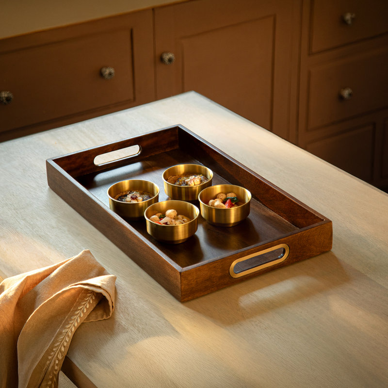 Aranya Wooden Serving Tray with Brass Handles, Contemporary Ottoman Tray for Tea, Appetizers, Desserts, and Breakfast in Bed