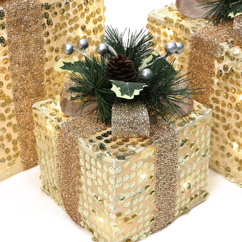 Coffret-cadeau de 3 pièces à paillettes dorées avec décorations de pommes de pin et de baies, illuminé pour les fêtes de fin d'année.