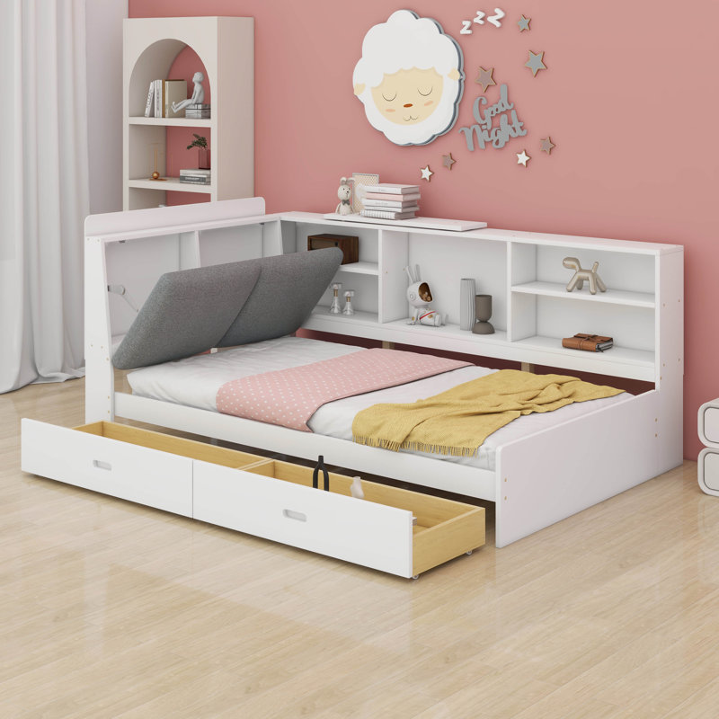 Lit plateforme simple en bois avec tête de lit bibliothèque, tablettes et 2 tiroirs, Blanc