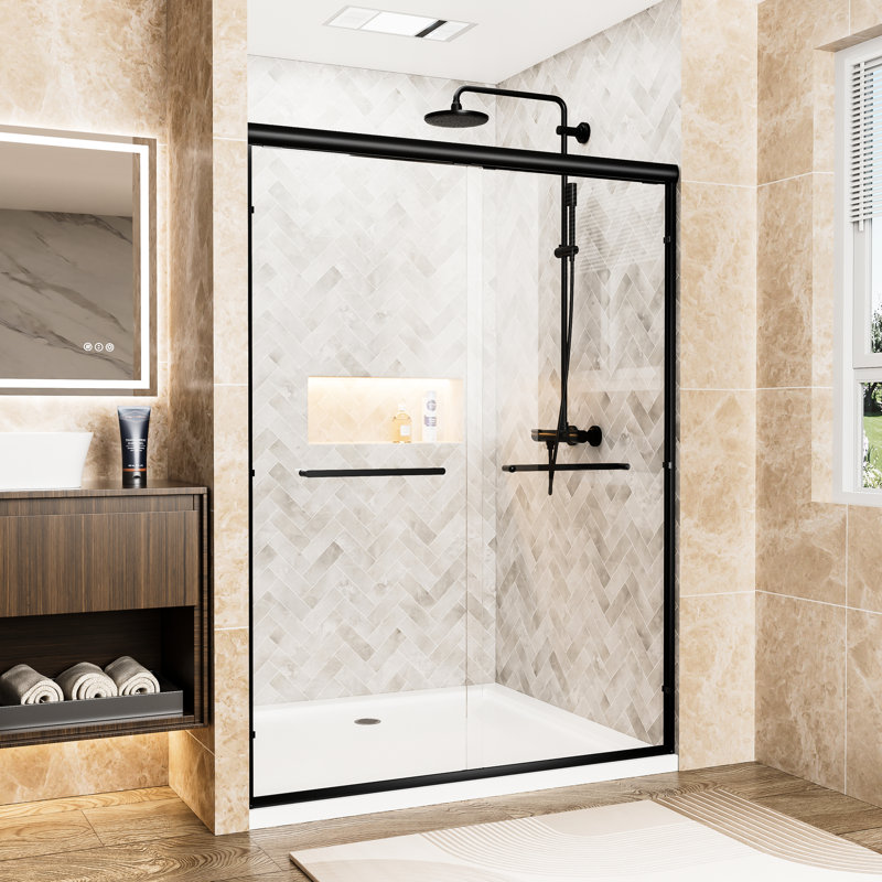 54" Wide 72" High Double Sliding Shower Door With Aluminum Frame, 1/4" Tempered Glass, - Shatter Film, Dual Stainless Steel Handles, Easy Installation, Waterproof, Reversible Install, Adjustable