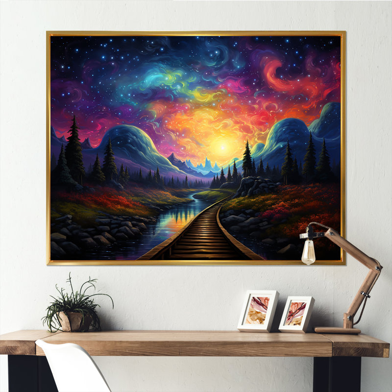 «Starry Night Train Traces To The Sky I» - art mural train, Cadre flottant doré, H 30 po x l 40 po x P 1,5 po