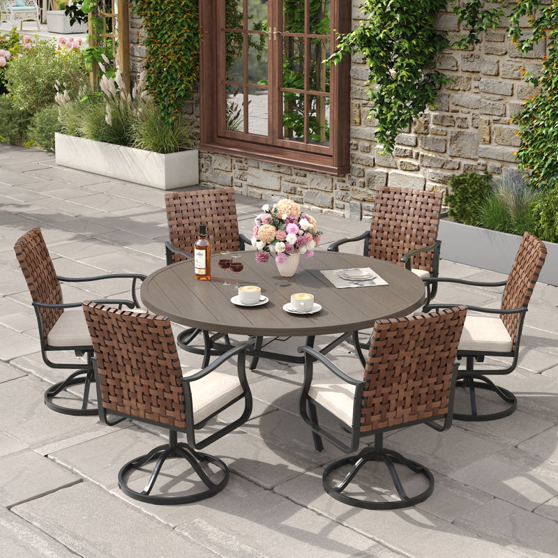 6-Person Outdoor Patio Dining Set With Wicker Swivel Chair, Gray Woodlike