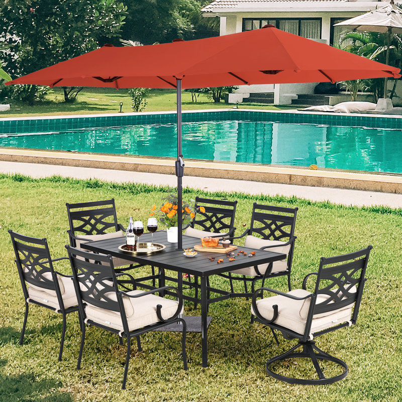 Aivo 6 - Person Patio Dining Set with Rectangular Table , Cushions Included, Red