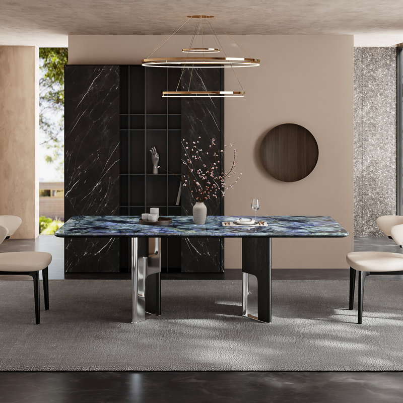 Table de salle à manger moderne 78,7 po, plateau en pierre frittée brillante, pieds doubles en acier inoxydable pour 8-10