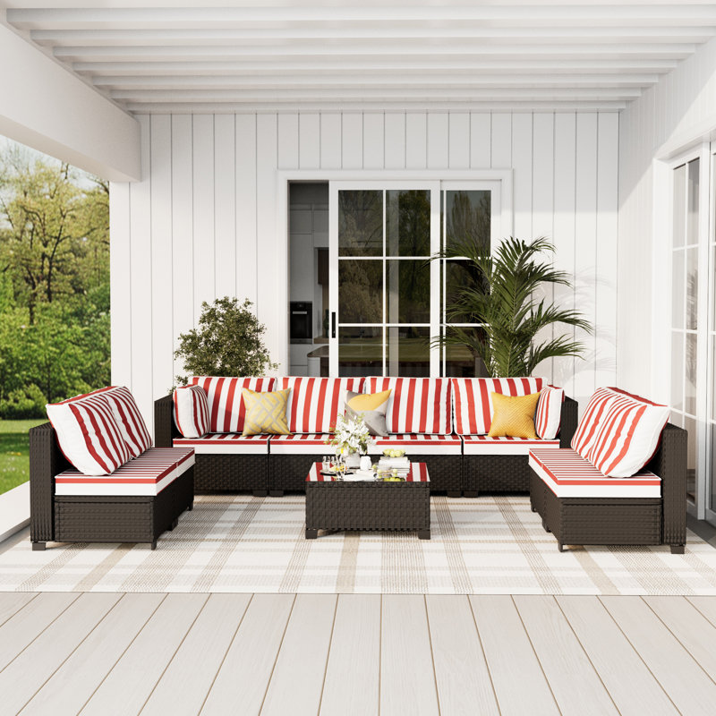 𝗡𝗼-𝗔𝘀𝘀𝗲𝗺𝗯𝗹𝘆 𝗖𝗵𝗮𝗶𝗿𝘀, Ensemble de conversation modulaire d'extérieur en osier pour 8 personnes avec conversation et coussins