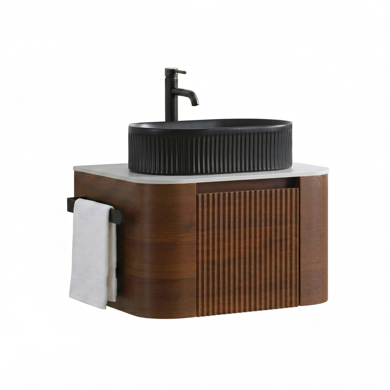 Meuble-lavabo de salle de bain moderne et incurvé, Walnut, 24, Black