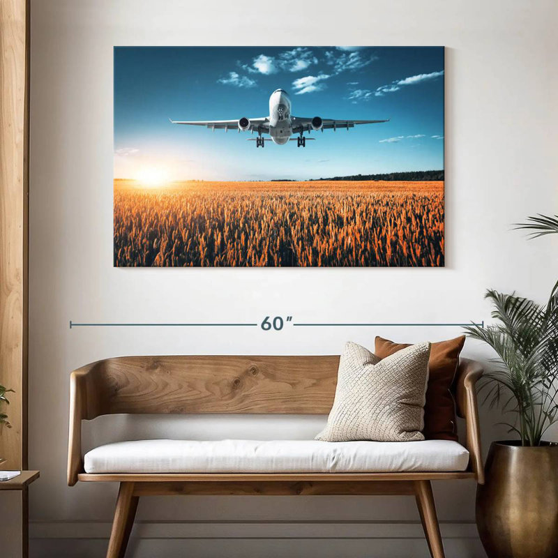 Avion au-dessus d'un champ, H 32 po x l 48 po