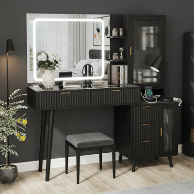 49'' Black Vanity Desk With Lighted Mirror And Charging Station, Fluted Wood Makeup Table With Glass Top & 5 Drawer