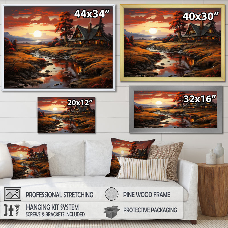 Country Charm Amber Sunset, reproduction d'art sur toile, H 16 po x l 32 po x P 1 po, Encadrement doré